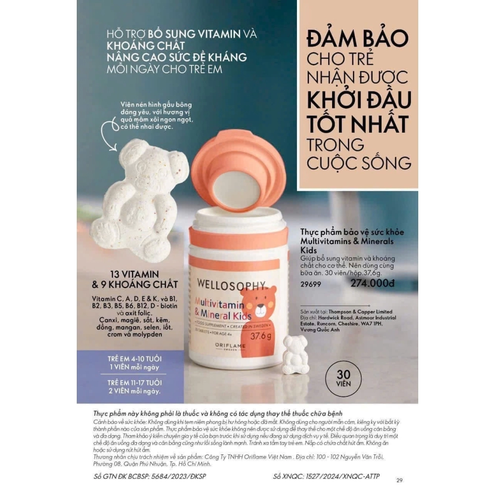 29699 ORIFLAME- Thực phẩm bảo vệ sức khỏe WellnessKids Multivitamins & Minerals mẫu mới DATE 08.2027